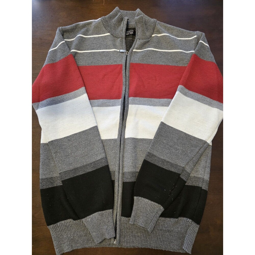 Marx And Dutch Collection L Poly Sweater Men’s Full Zip Stripes Gray Red Black